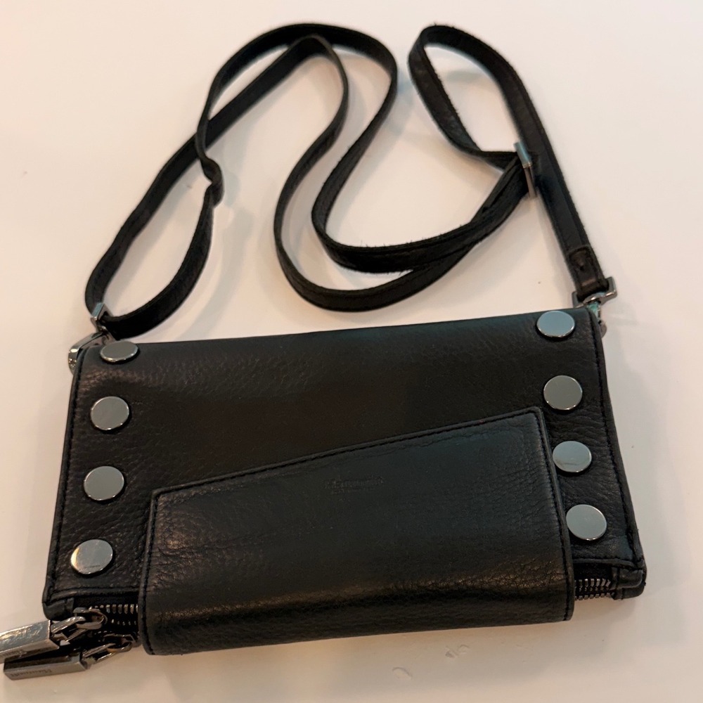 Hammitt 110 North Black Pebbled Leather Crossbody Wallet Bag Silver Rivets